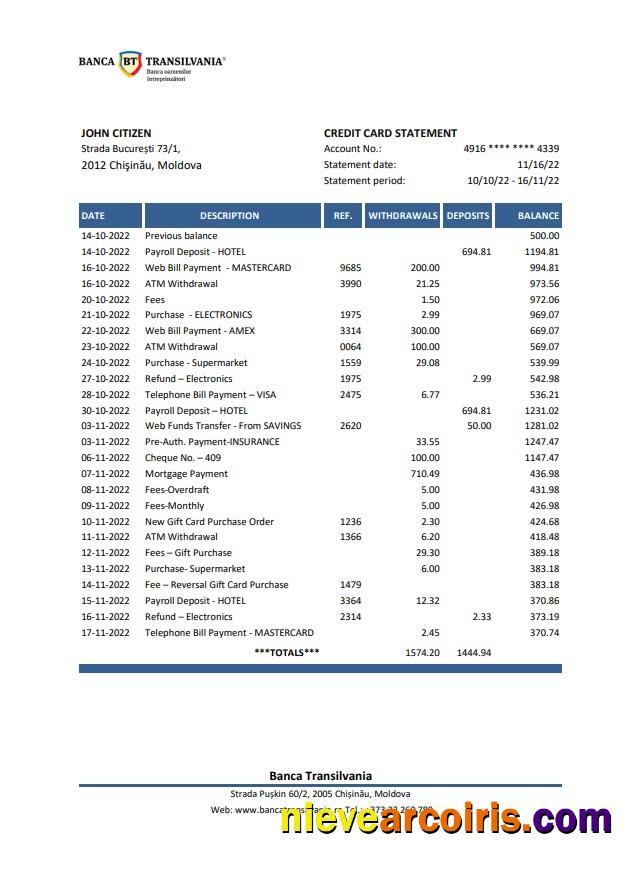 Moldova Banca Transilvania bank statement